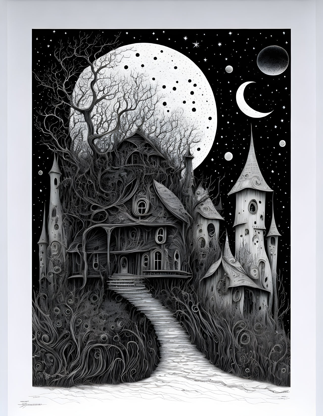 Fantastical black and white treehouse illustration under starry sky