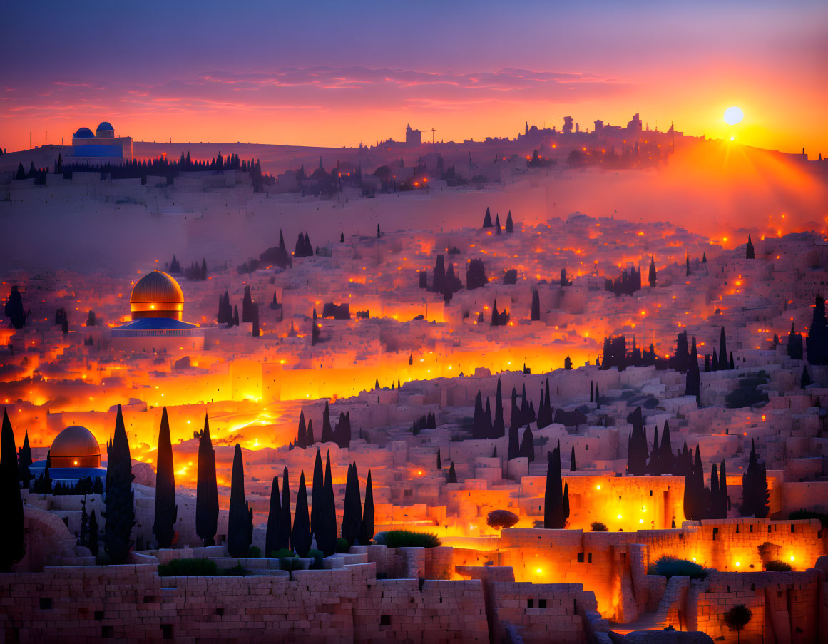 Golden-lit sunset over ancient city skyline with domes, cypress trees, and walls