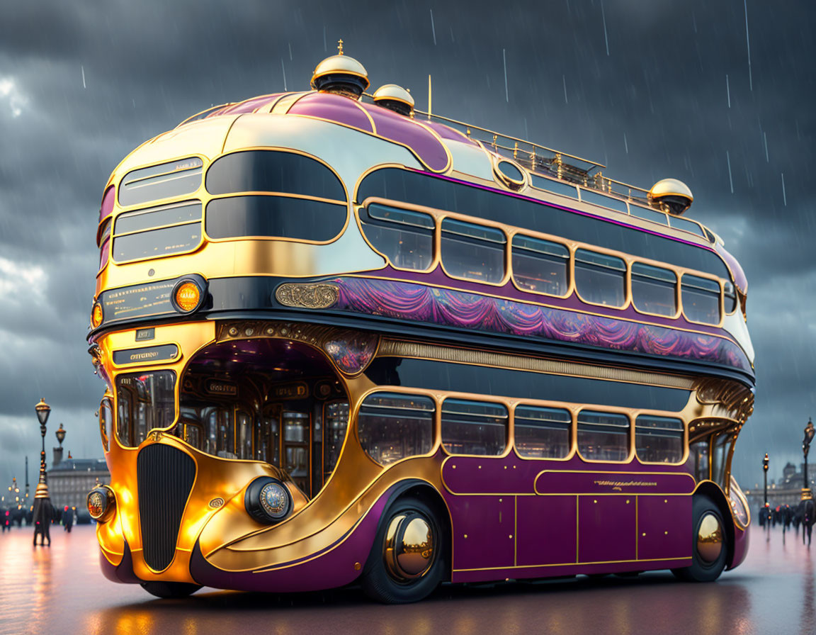 Shiny gold and purple futuristic double-decker bus in rainy cityscape