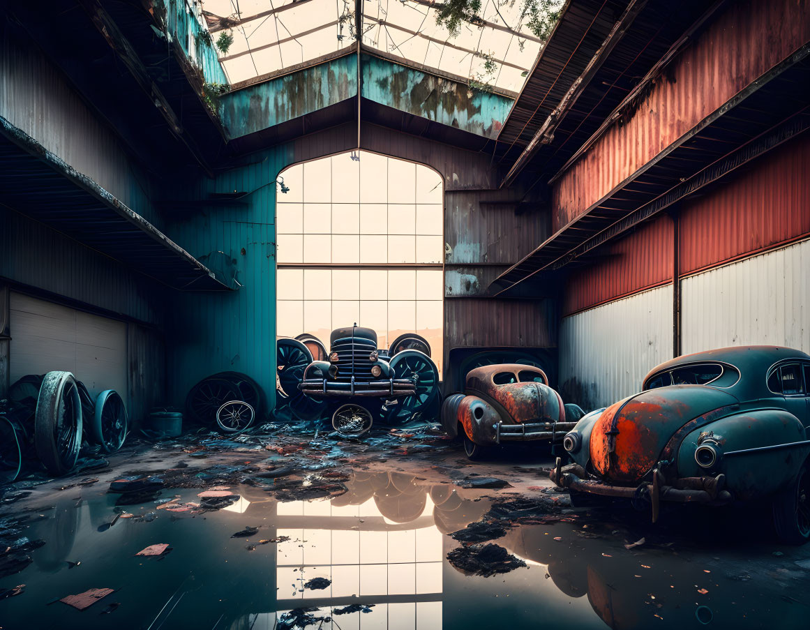 Abandoned warehouse with vintage cars, broken windows, tires, and puddles