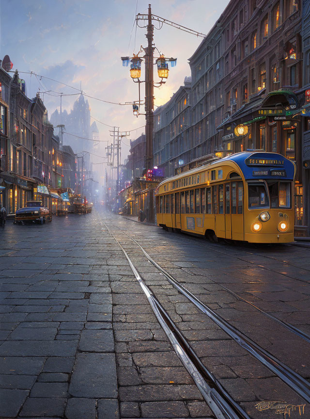 Historic yellow tram on cobblestone street at twilight