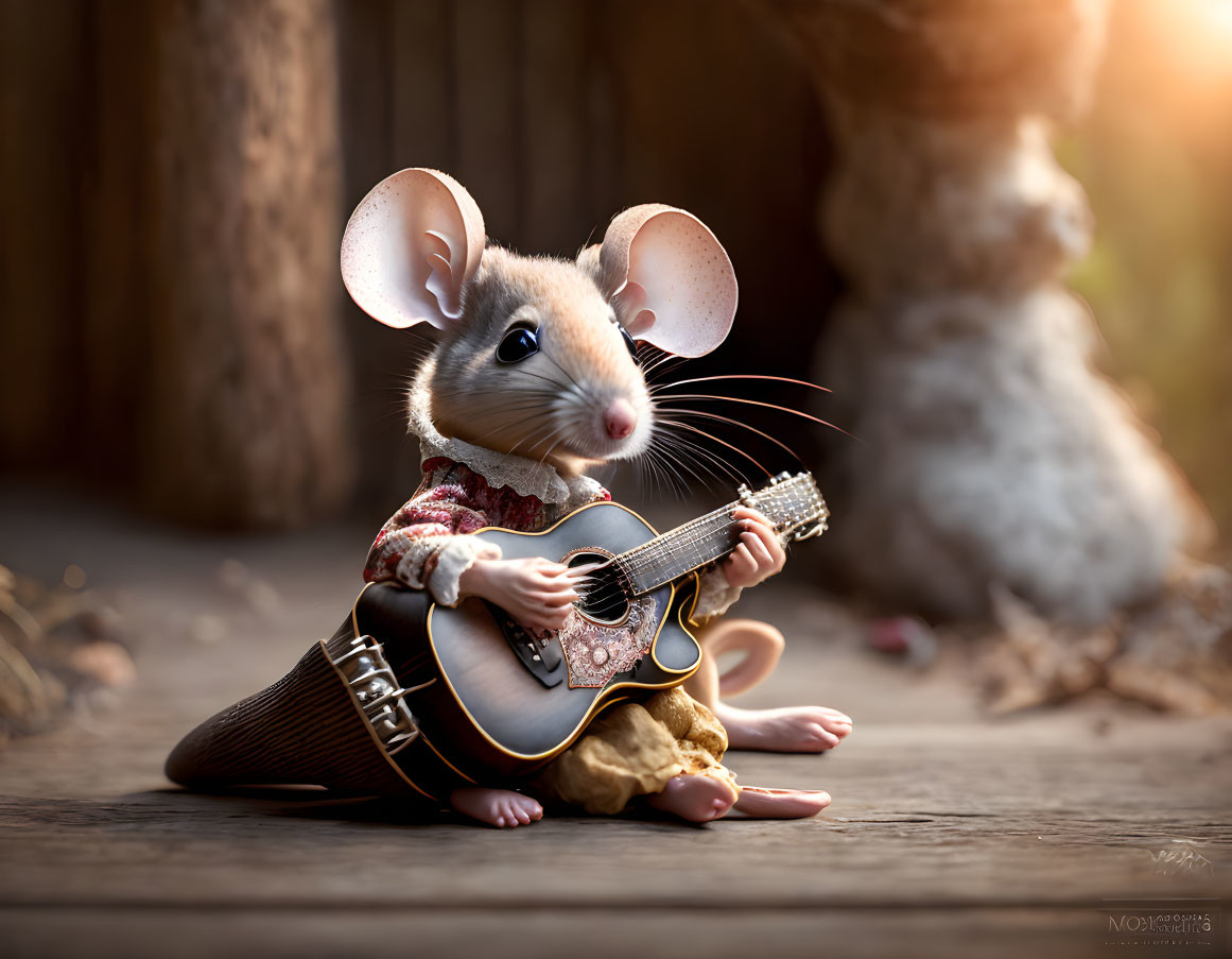 Anthropomorphic mouse playing guitar in red shirt on wooden surface