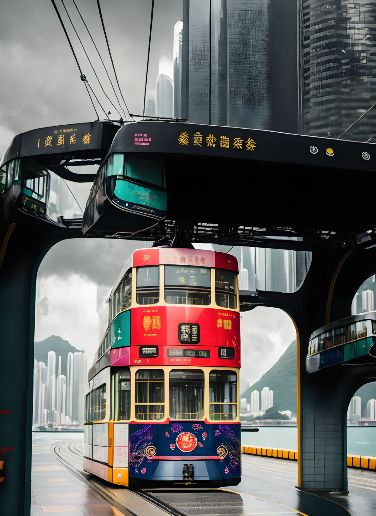 Colorful Double-Decker Tram and Skyscraper in Urban Asian Setting