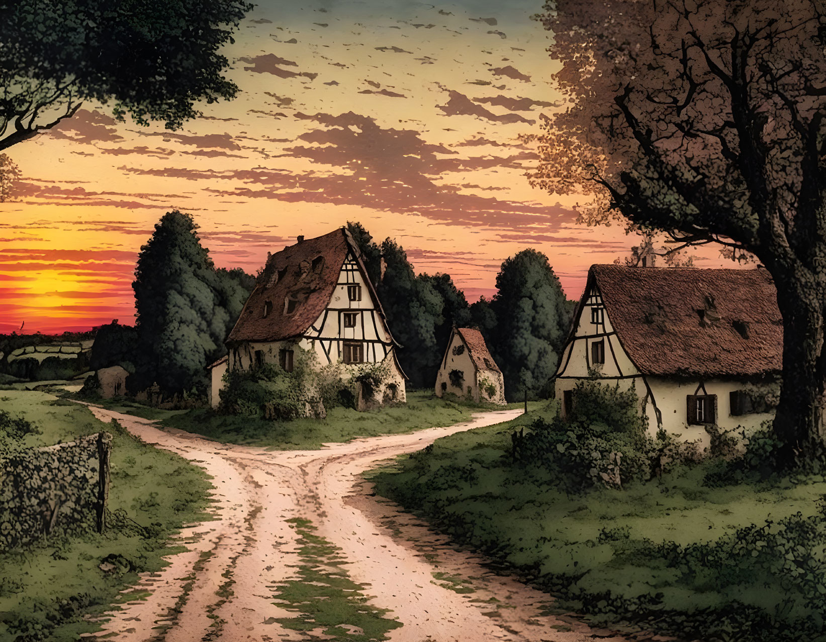 Half-timbered houses, dirt path, trees, vibrant sunset with orange and red hues