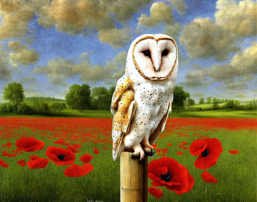 Brown and white owl on wooden post in red poppy field under blue sky