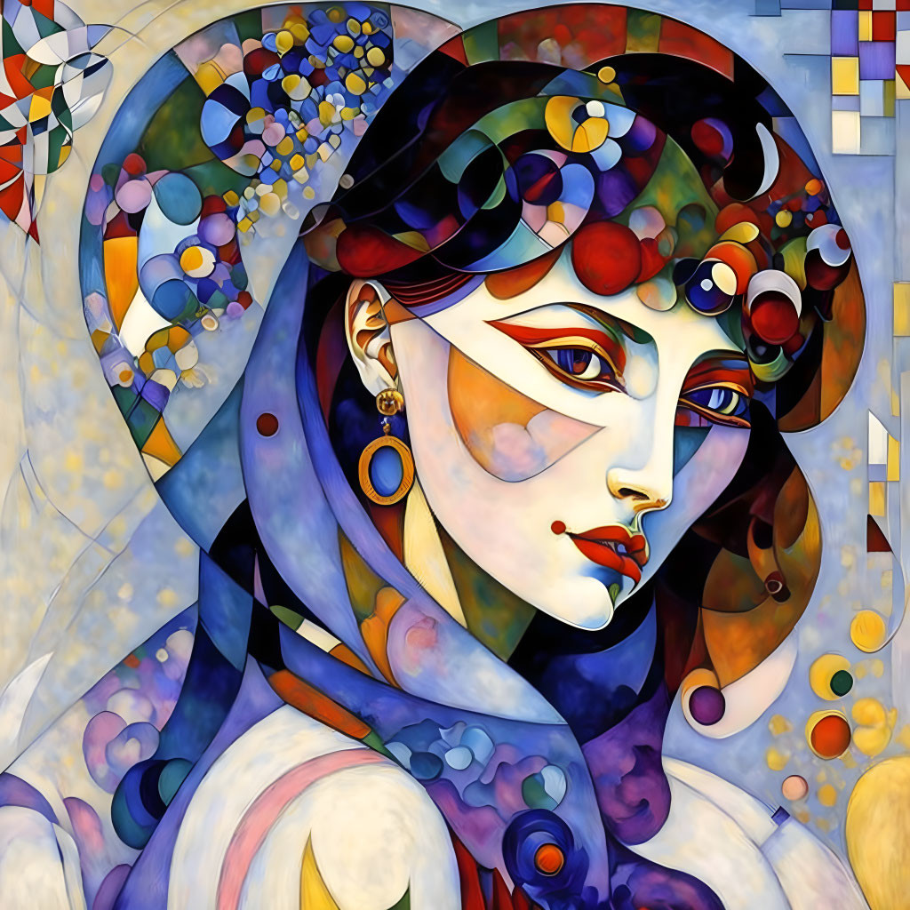 Vibrant abstract portrait of a woman with geometric and floral patterns