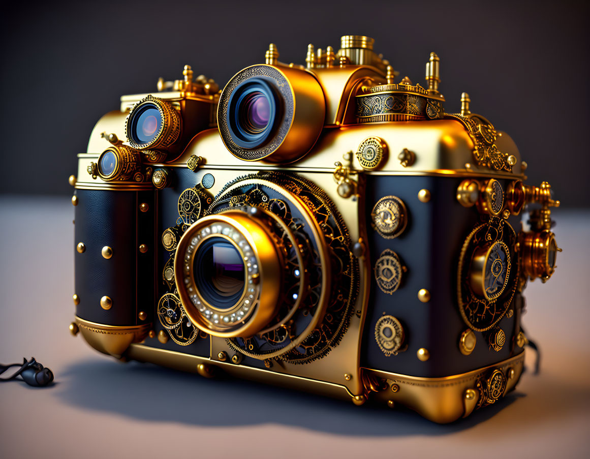 Steampunk-Inspired Camera with Metallic Detailing and Multiple Lenses