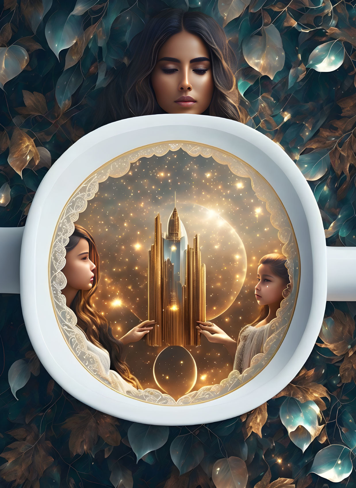 Woman's Face Surrounded by Leaves, Mirrored Reflections of Girl and Fantasy City in Circular Frame