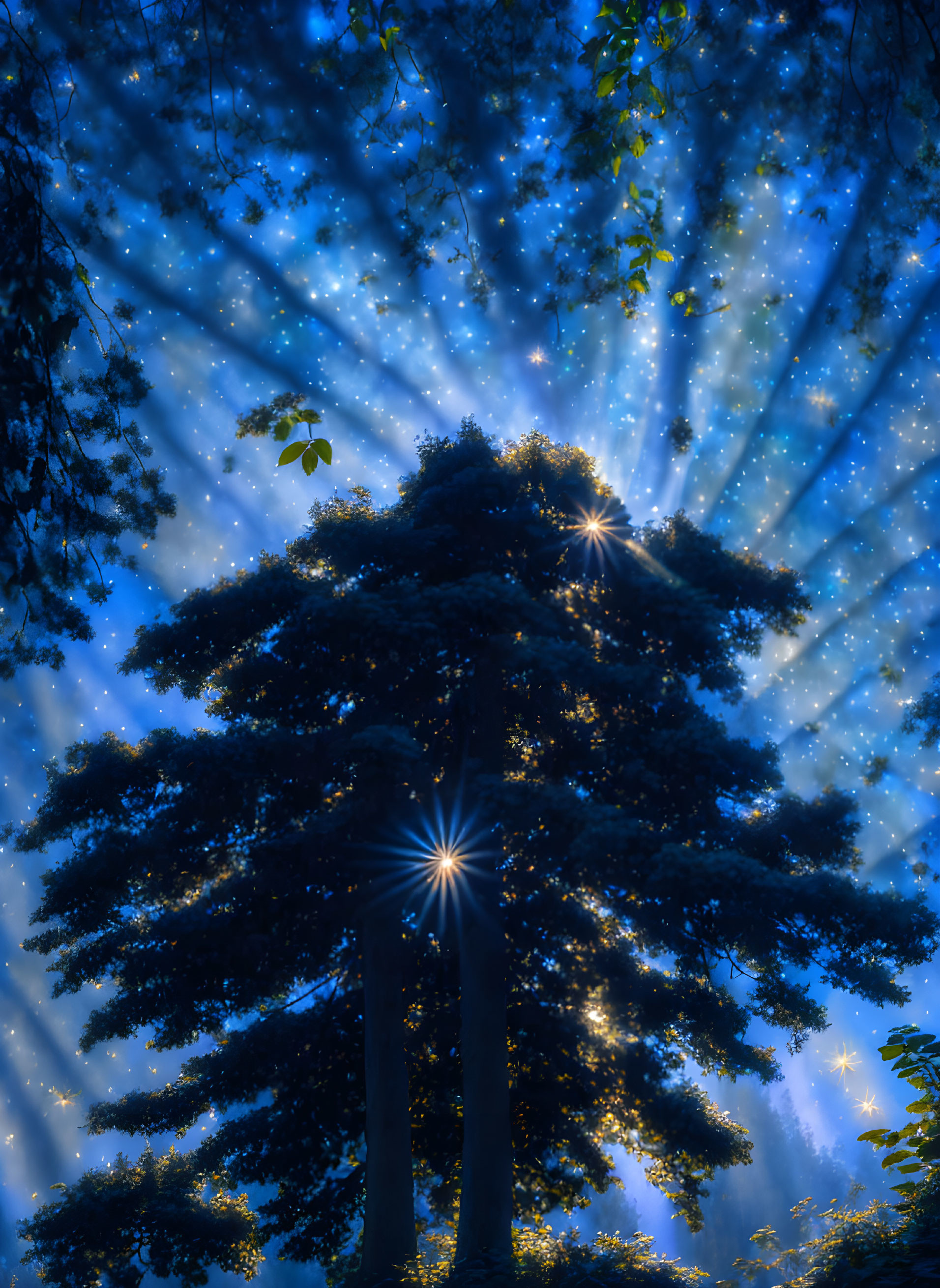 Mystical tree in foggy forest with sunlight rays and starry leaves