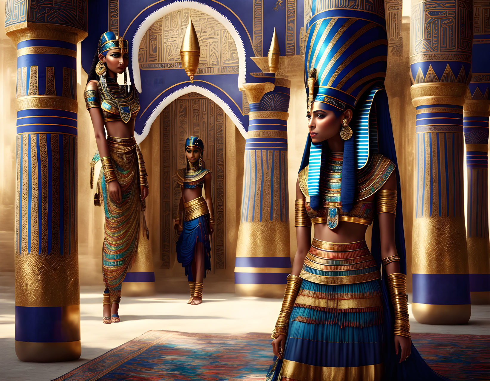 Three individuals in ancient Egyptian attire in ornate temple