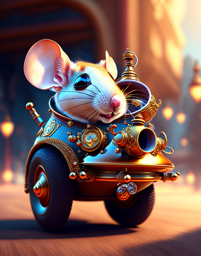 Whimsical mouse piloting steampunk vehicle with expressive eyes