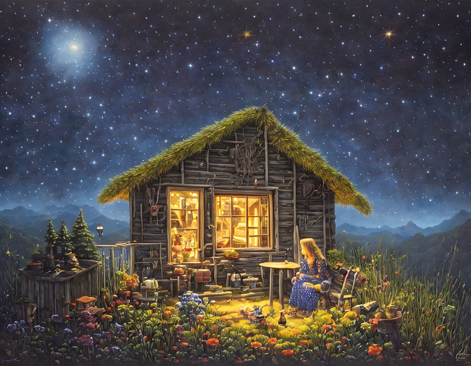 Person sitting outside illuminated cottage in lush night garden