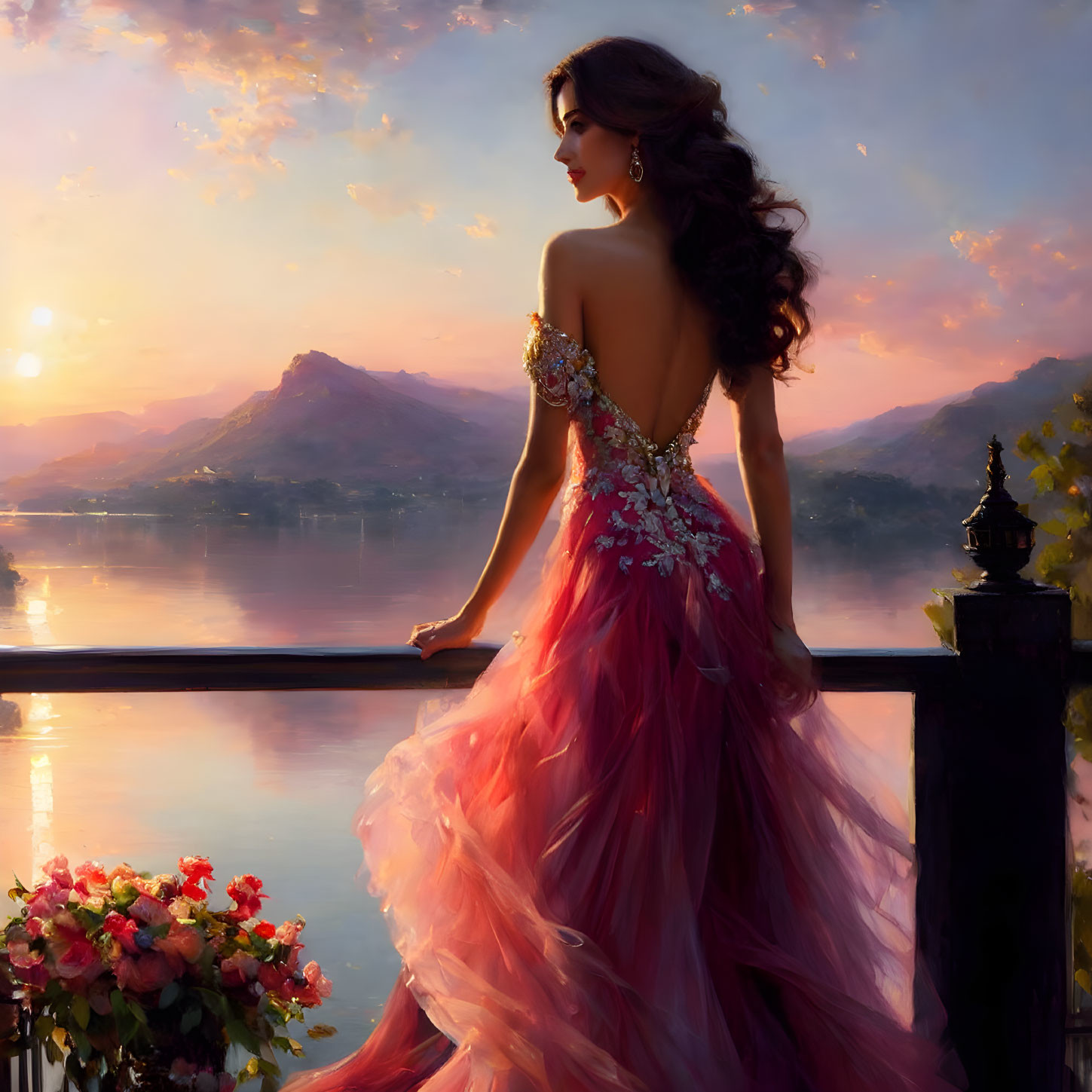 Woman in Pink Gown Admiring Sunset Lake View