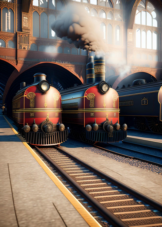 Vintage steam locomotives at ornate station, emitting smoke in warm sunlight.