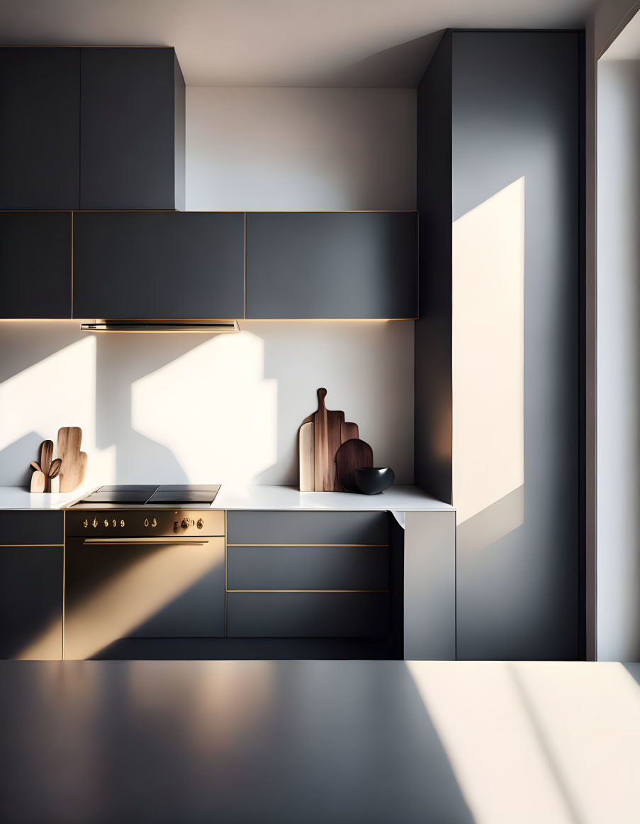 Sleek black cabinetry and wooden cutting boards in modern kitchen