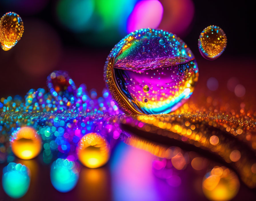 Colorful bokeh lights with vibrant water droplets on reflective surface