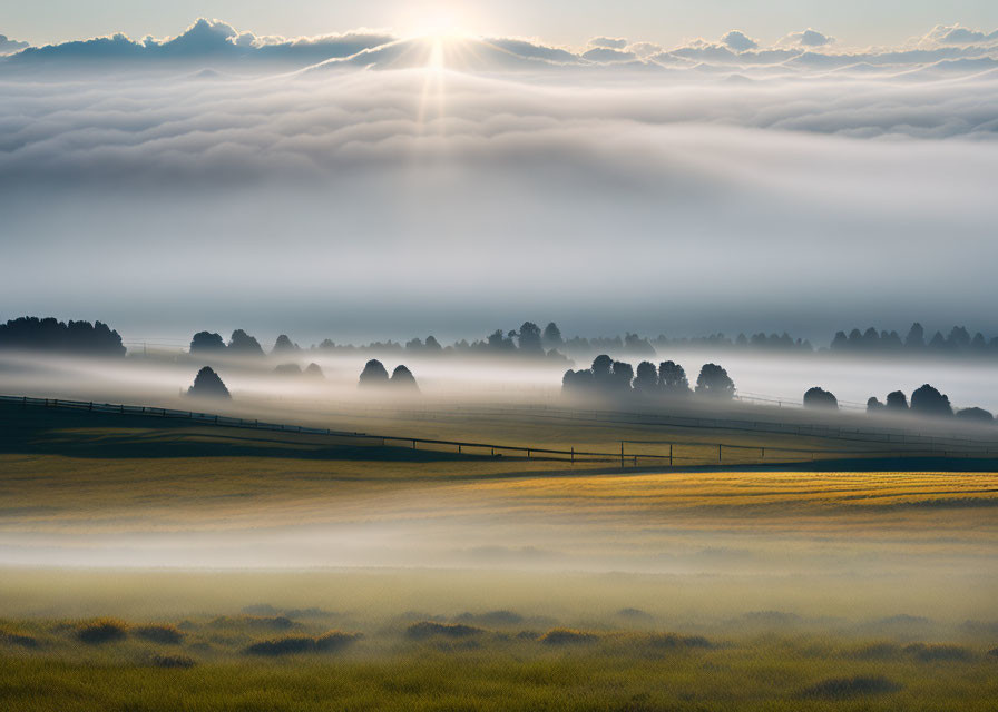 Misty Sunrise Landscape with Rolling Hills and Trees