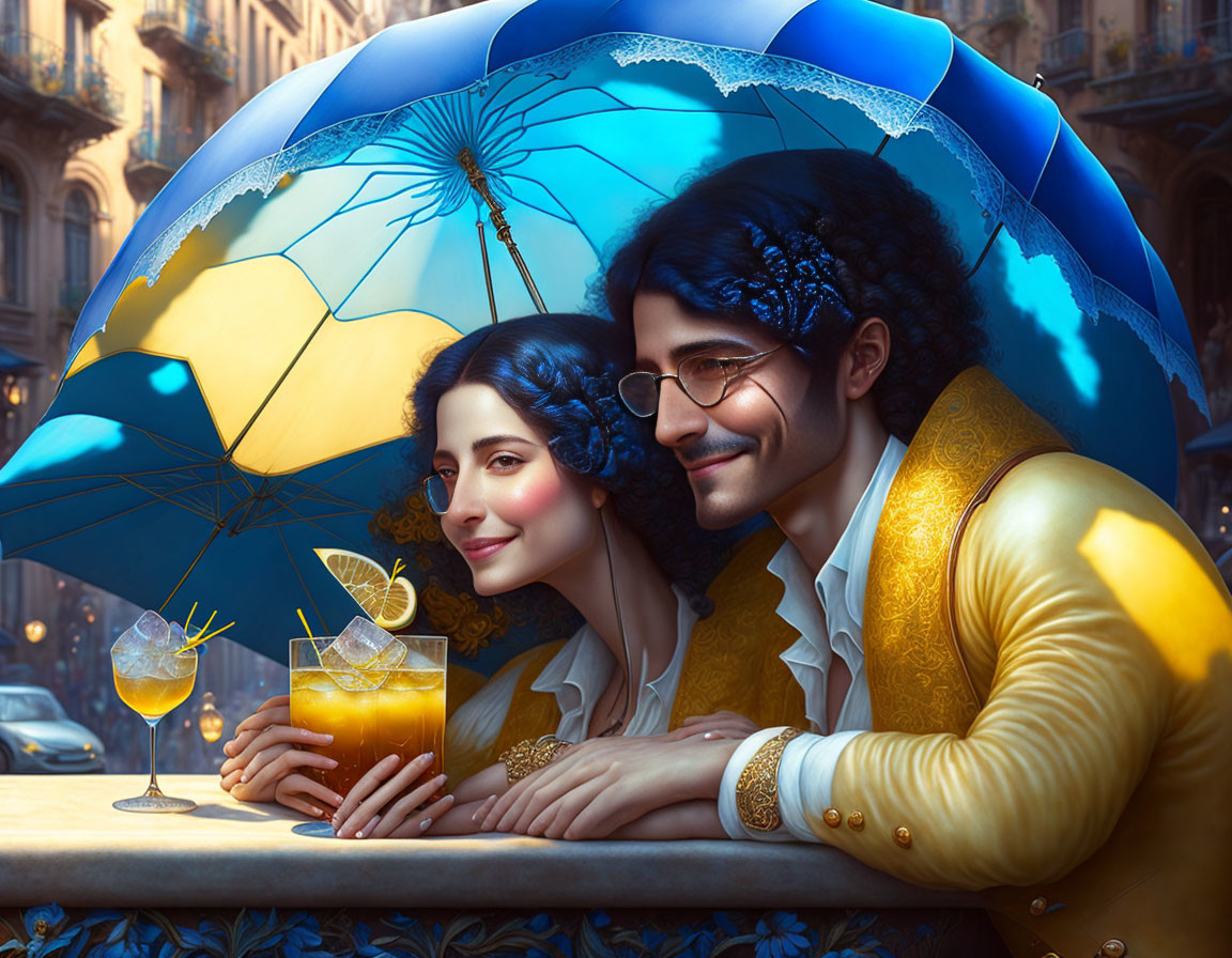 Illustrated couple enjoying drinks under a blue parasol near European-style building