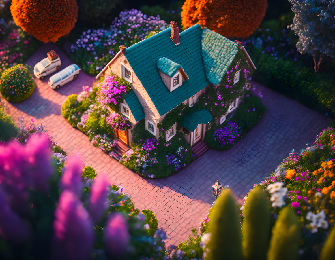 Miniature house with vibrant garden and brick pathway