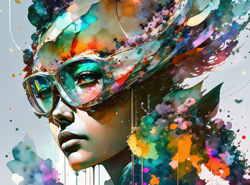 Vibrant portrait of a person with glasses and abstract colorful hair splash