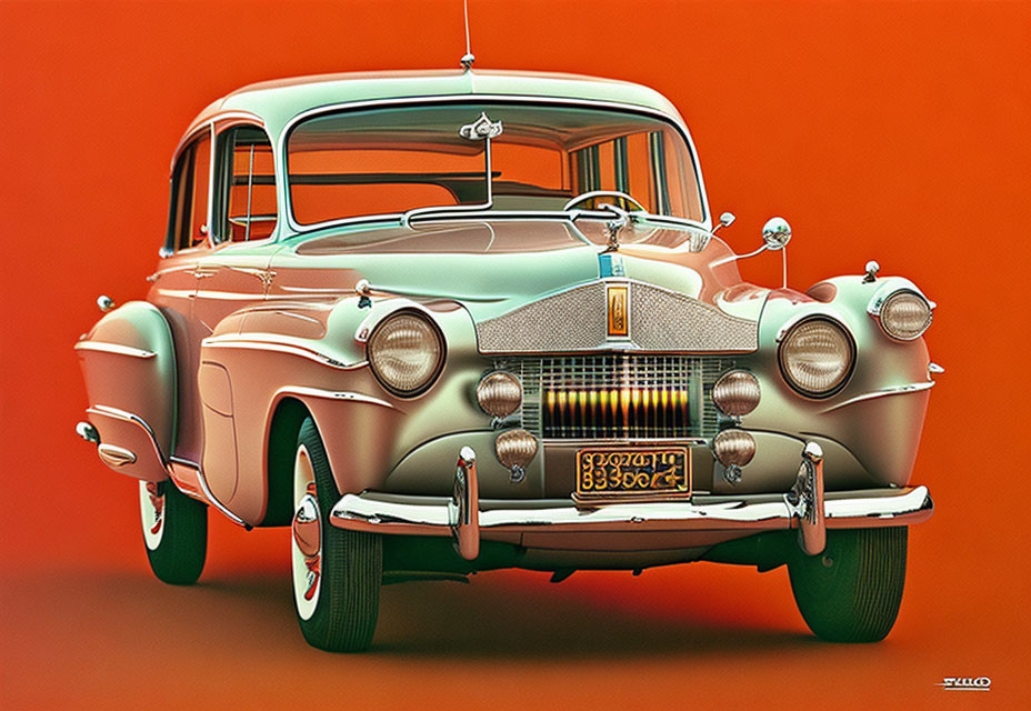 Classic Silver Car with Front Grille on Orange Background