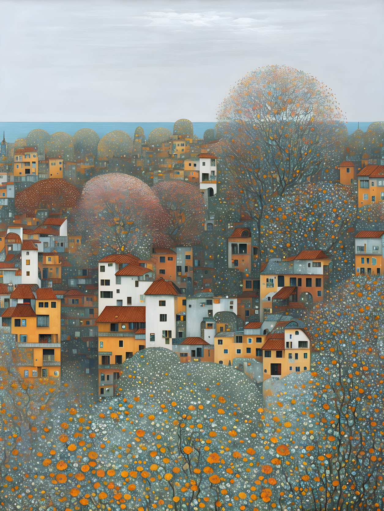 Whimsical painting of orange-roofed houses and trees in dreamlike village