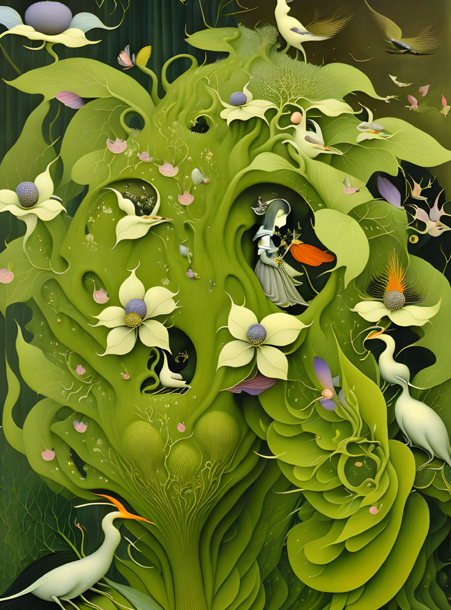 Detailed illustration of green botanical elements with birds, insects, and a figure among flowers