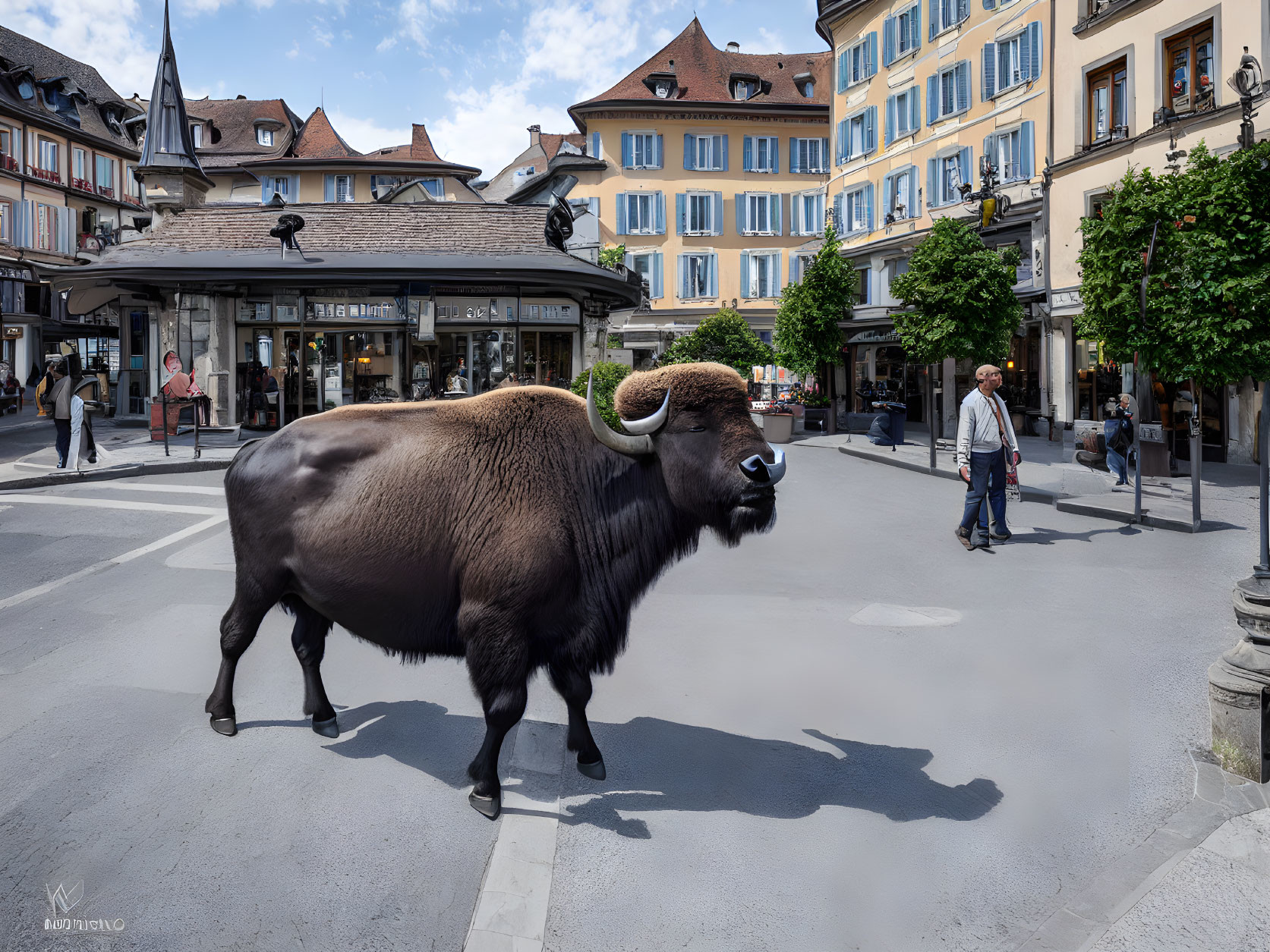 Large bison in European town square with classic architecture