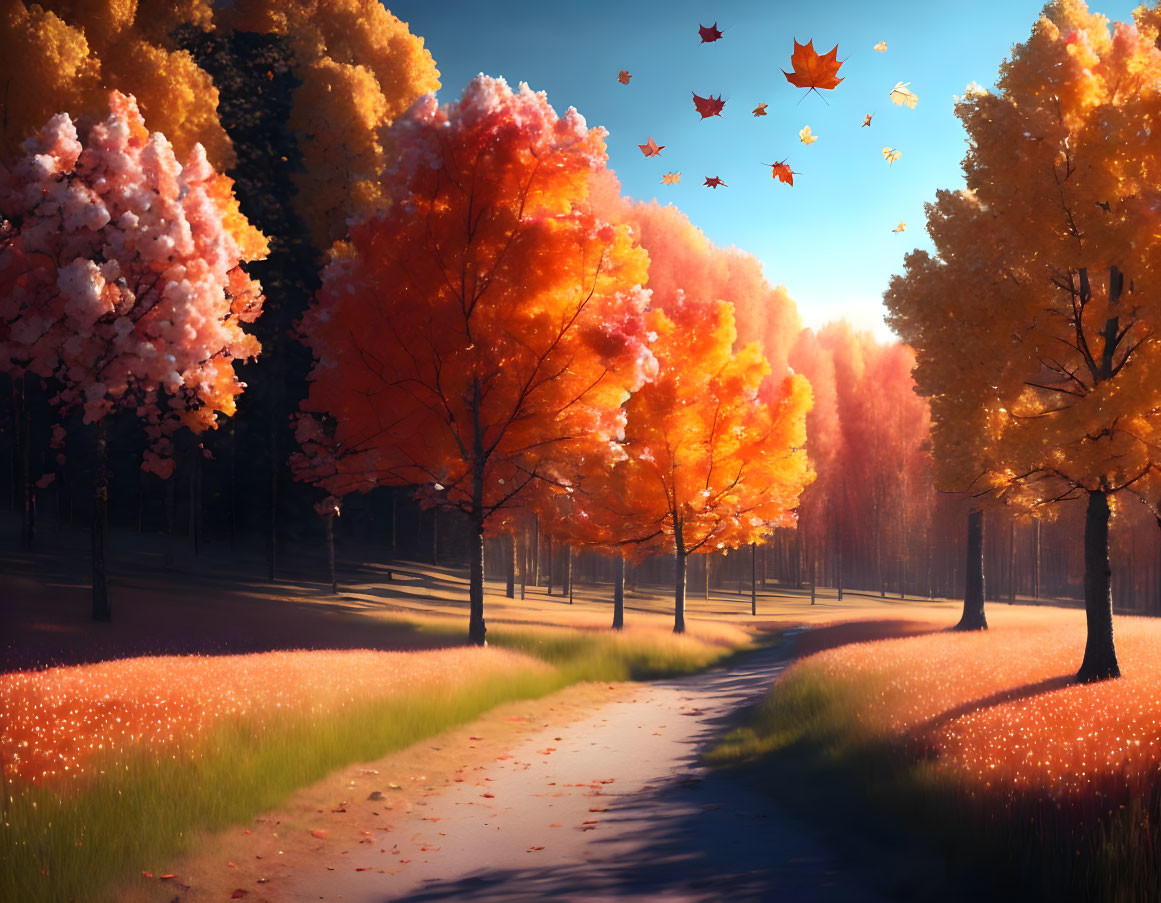 Vibrant autumn forest with winding path and colorful leaves