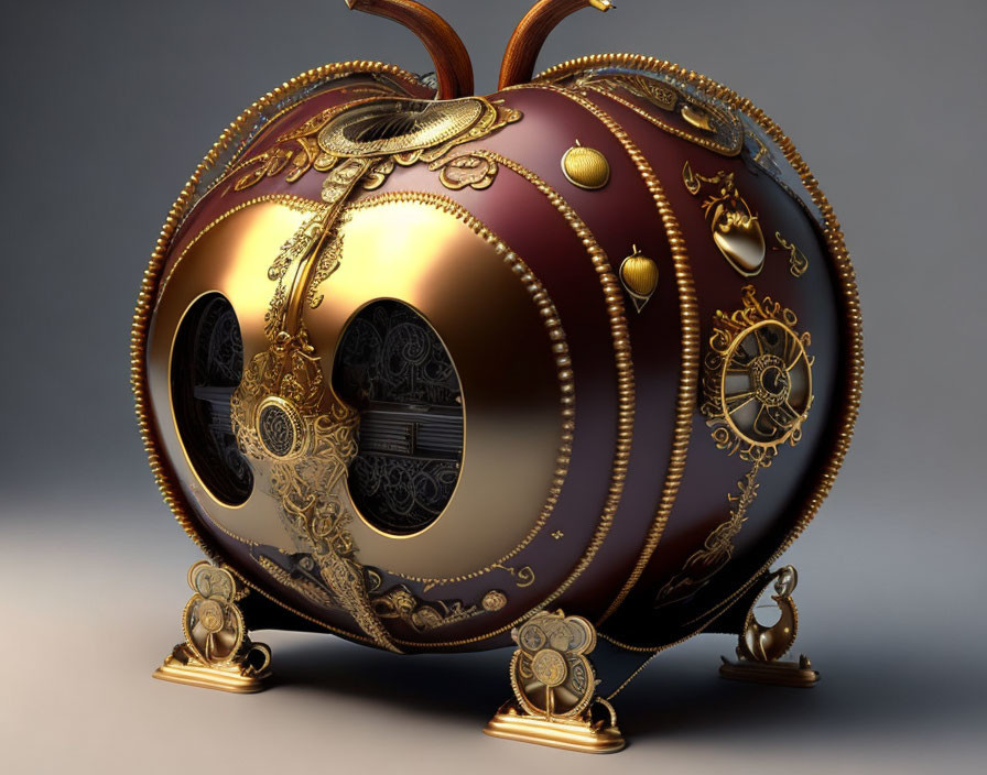 Golden-accented spherical object with intricate designs and dual circular openings.