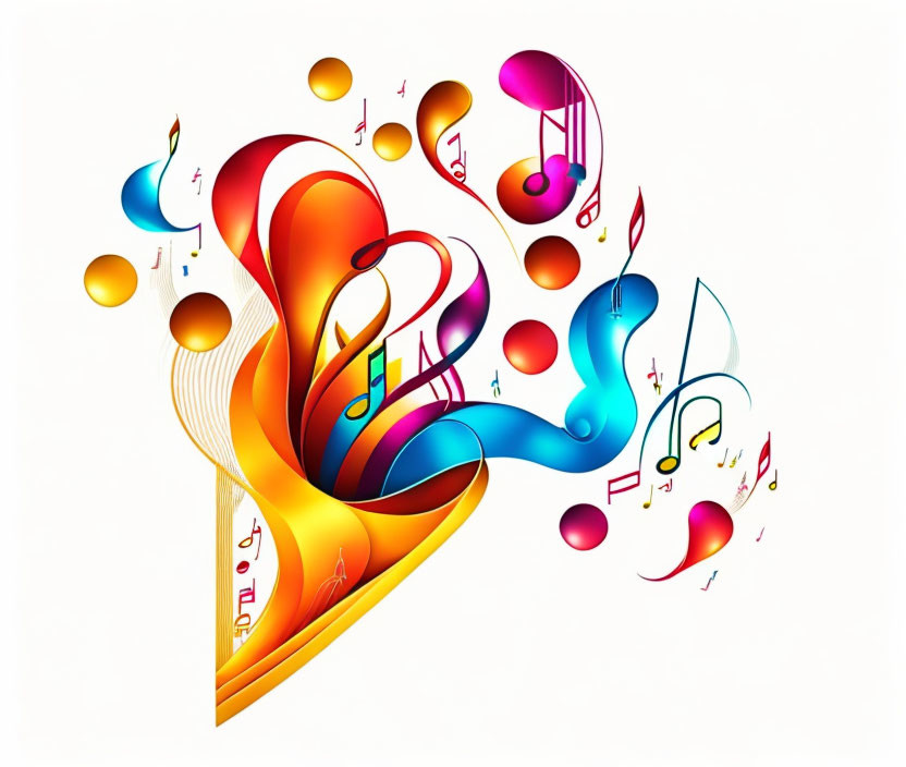 Vibrant abstract art with musical notes and treble clefs on white background