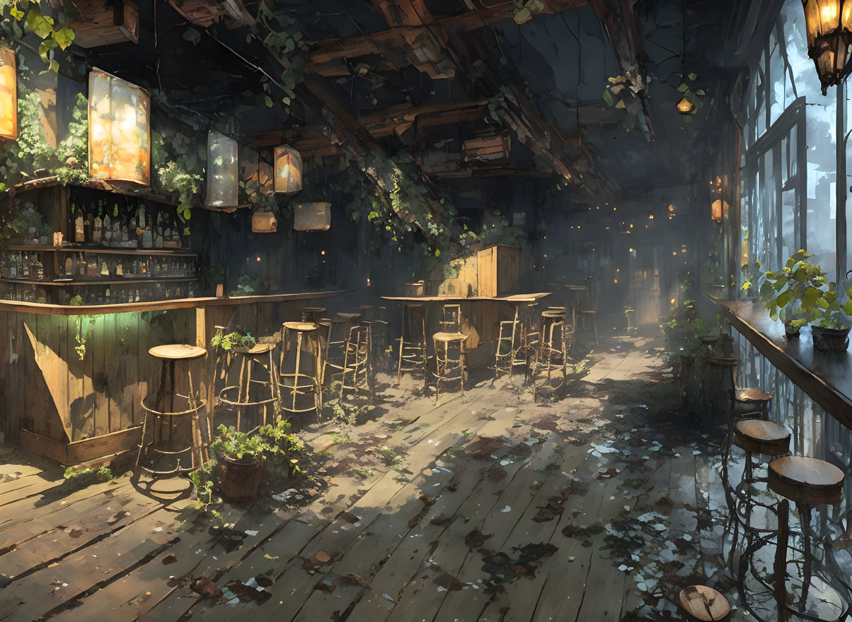 Rustic tavern interior with wooden furniture and warm lighting