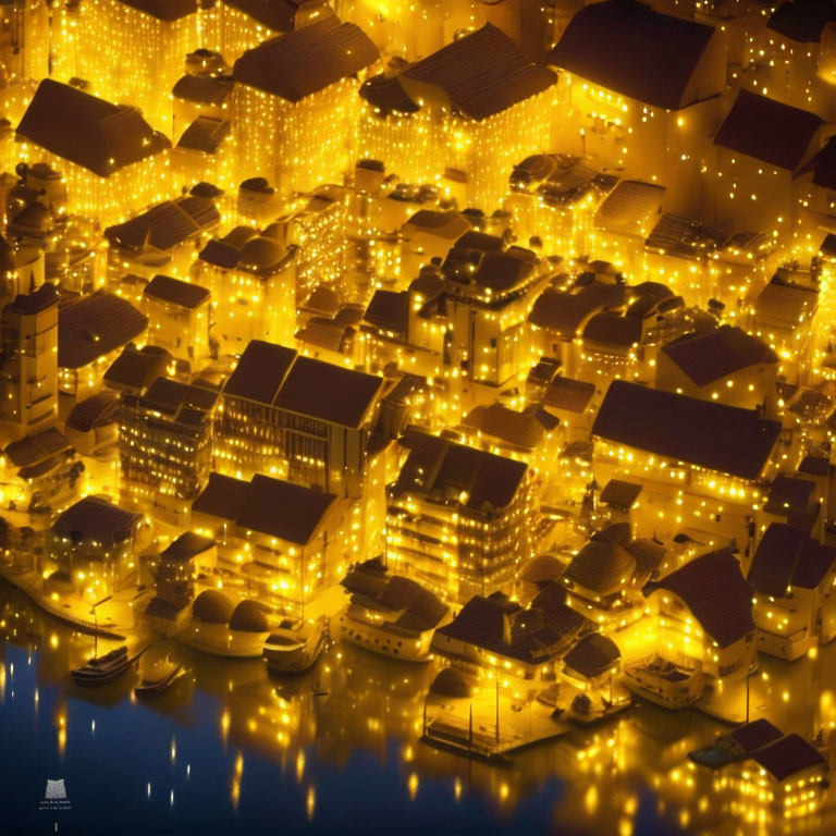 Golden-lit waterfront cityscape at night with buildings and boats reflecting in calm water