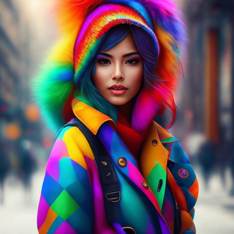 Vibrant rainbow hair woman in colorful coat against city backdrop