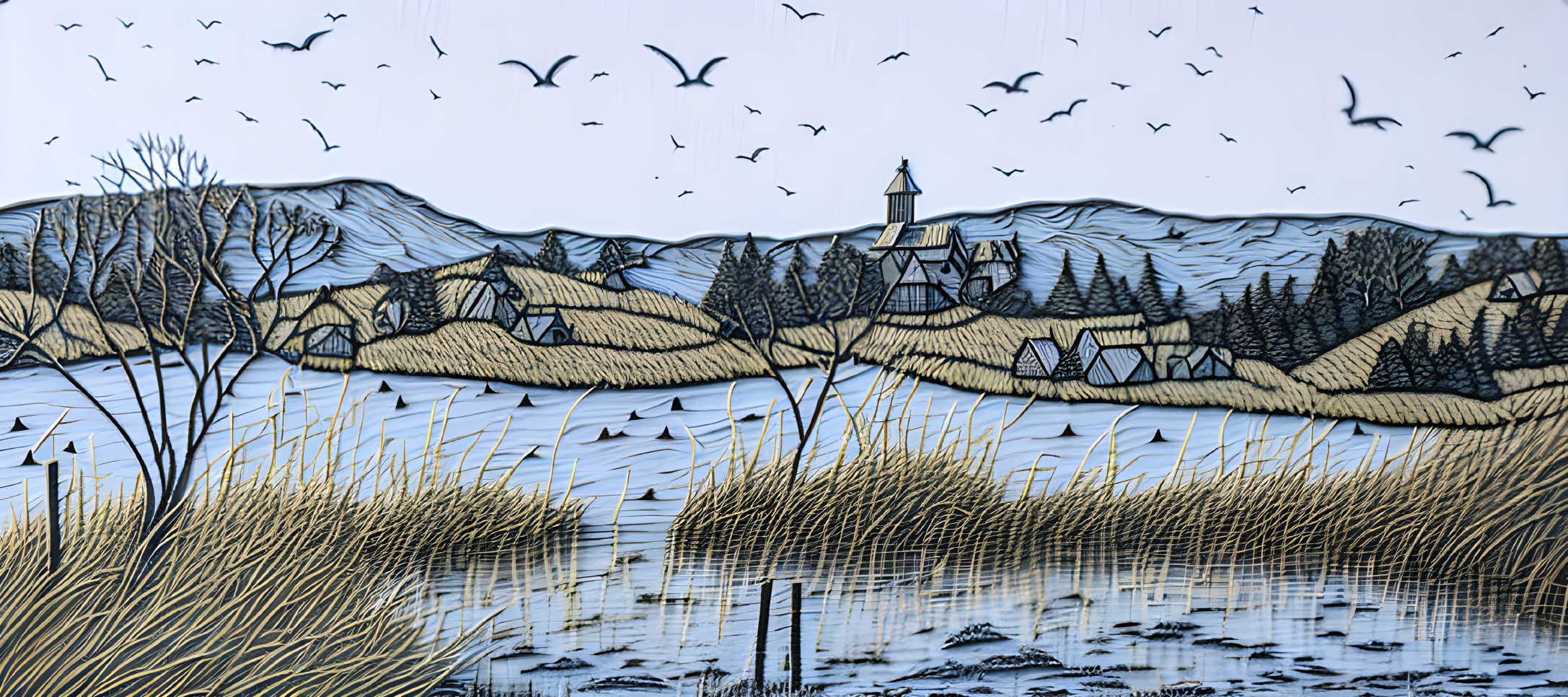 Layered Paper Art Landscape with Birds, Lake, Lighthouse, and Hills