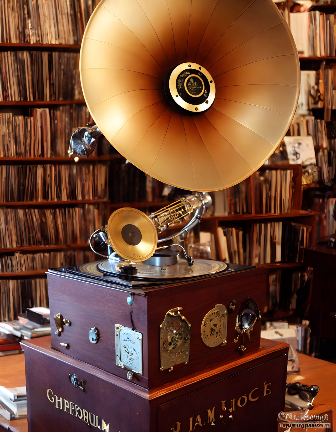 Vintage Gramophone with Large Brass Horn on Wooden Cabinet & Books and Records Shelf Display