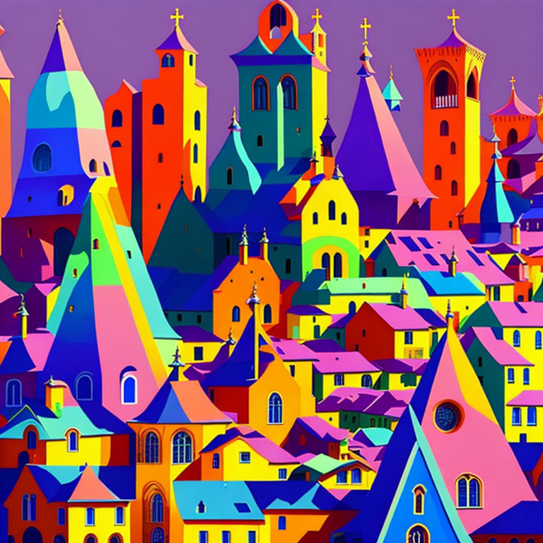 Colorful geometric shapes form whimsical town under purple sky