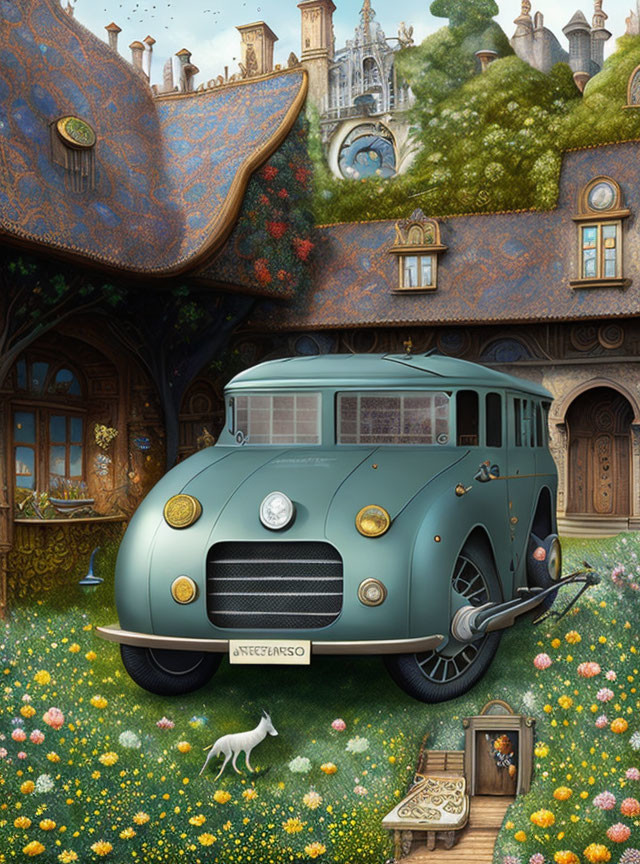 Whimsical vehicle with mouse on side in fairytale setting