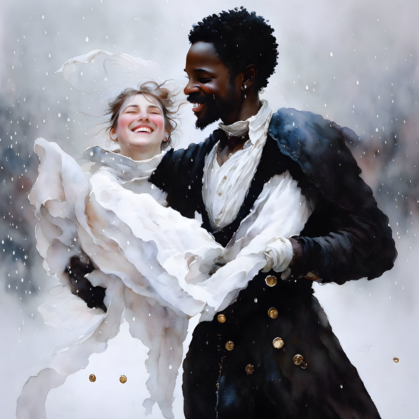 Historical couple dancing in snowfall