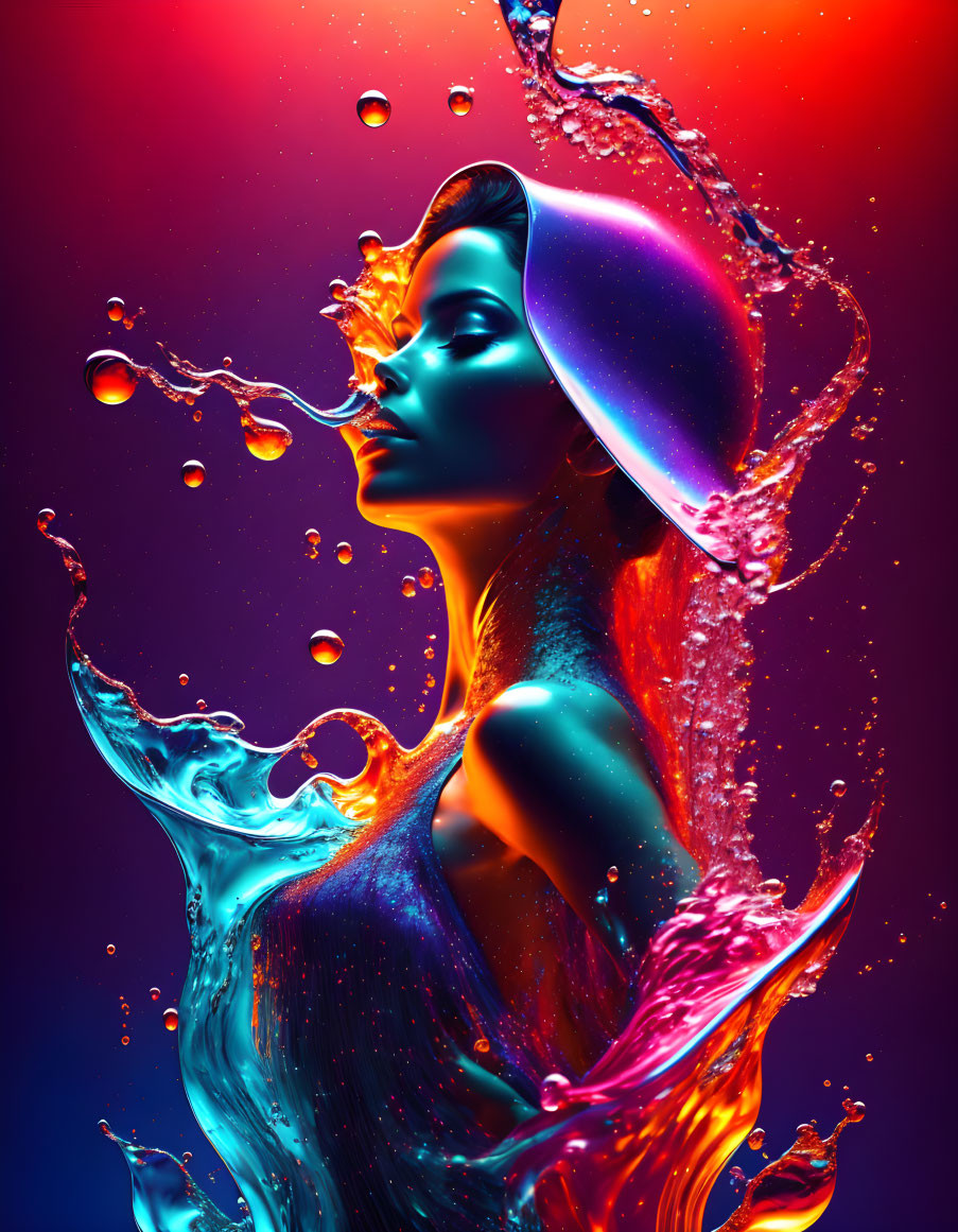 Colorful profile portrait with dynamic liquid splashes in blue, red, and orange