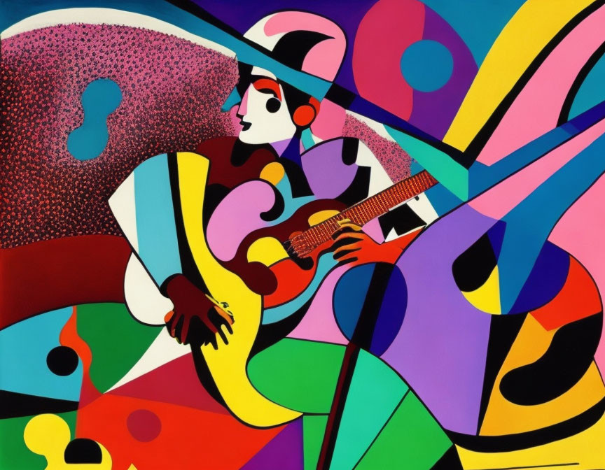 Abstract painting of a stylized figure playing guitar