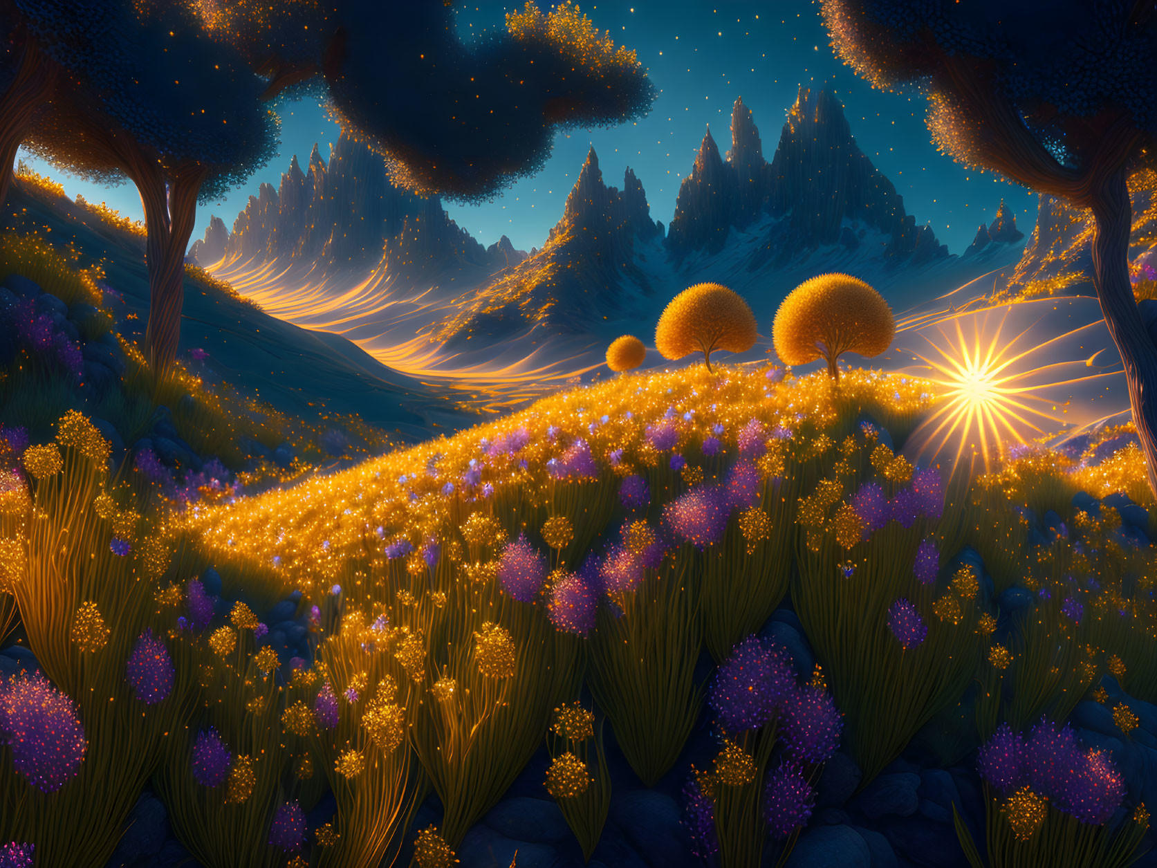 Luminous fantasy landscape with whimsical trees and mountains.