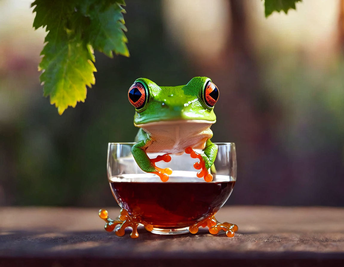 Vibrant green frog with red eyes perched on glass rim above brown liquid