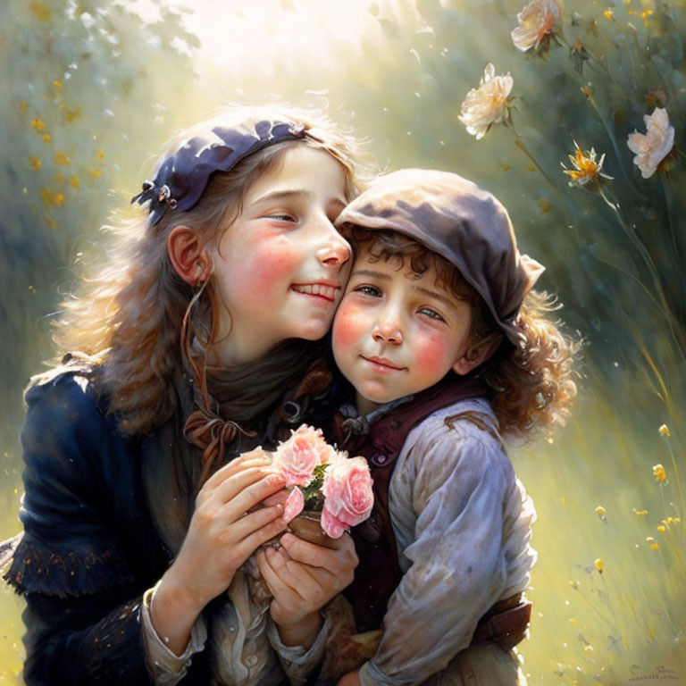 Happy children embracing with pink flowers in sunny floral setting