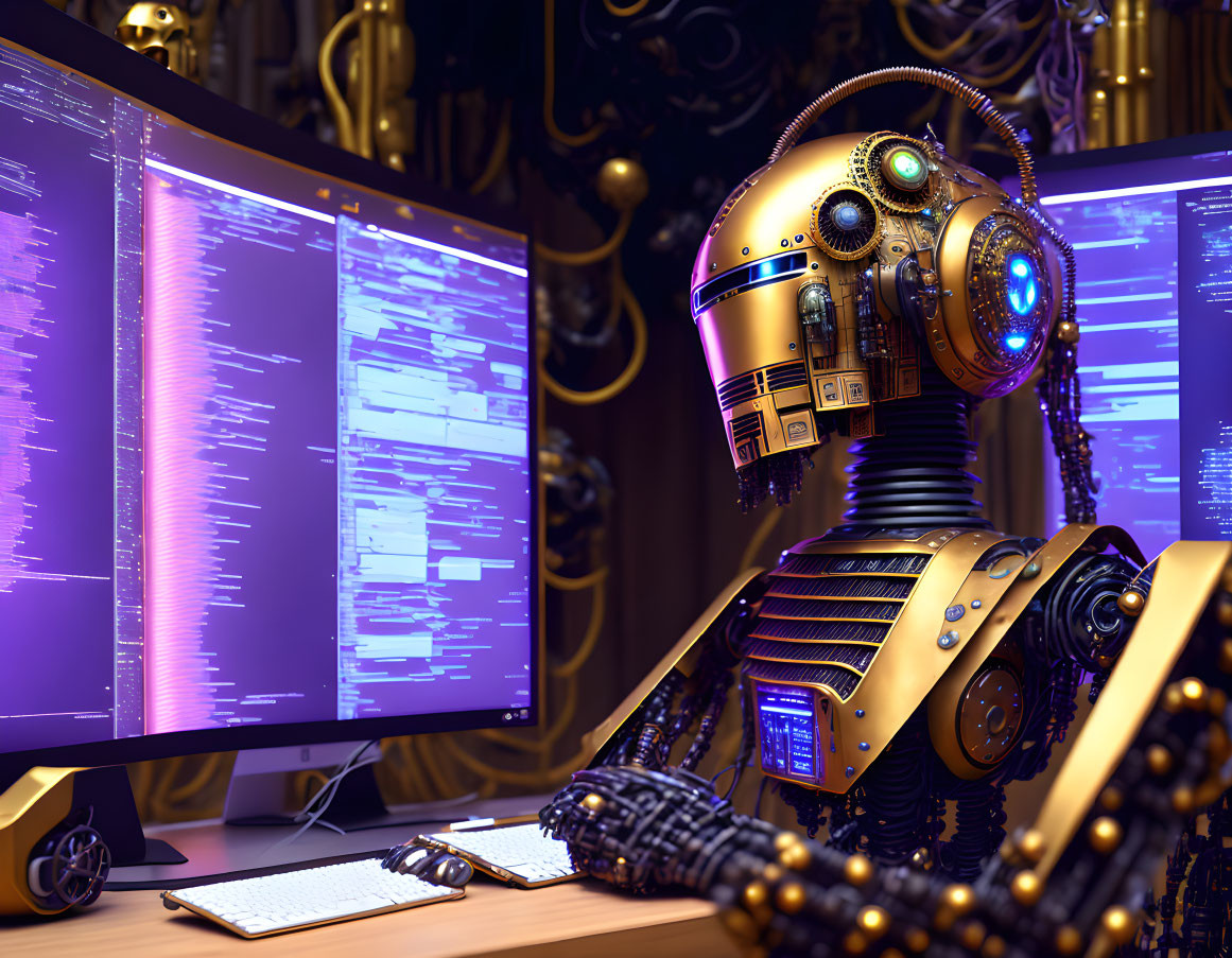 Steampunk-style robot analyzing code in ornate room