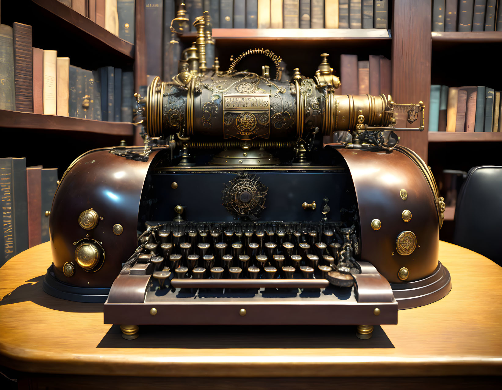 Intricate steampunk-style typewriter on wooden desk surrounded by books