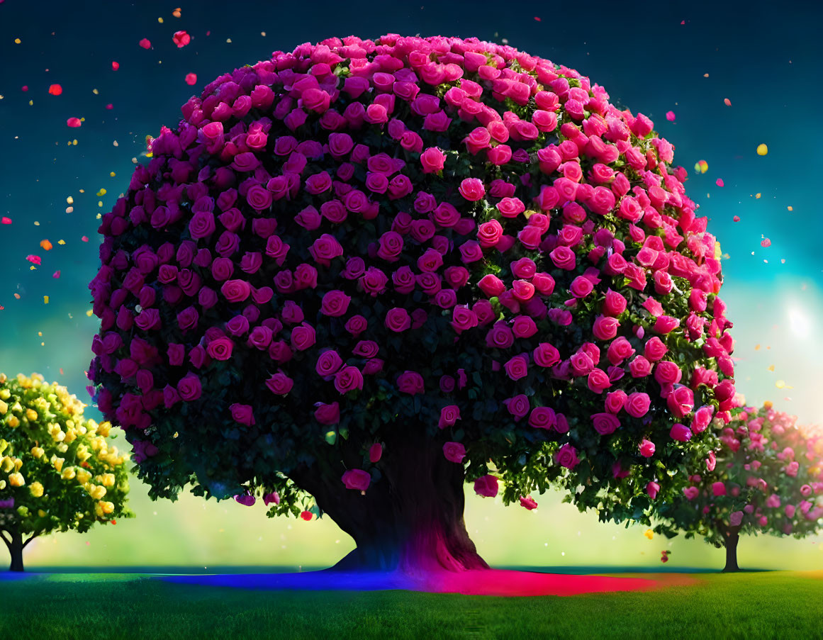 Lush Tree with Pink Rose Canopy and Dreamy Background