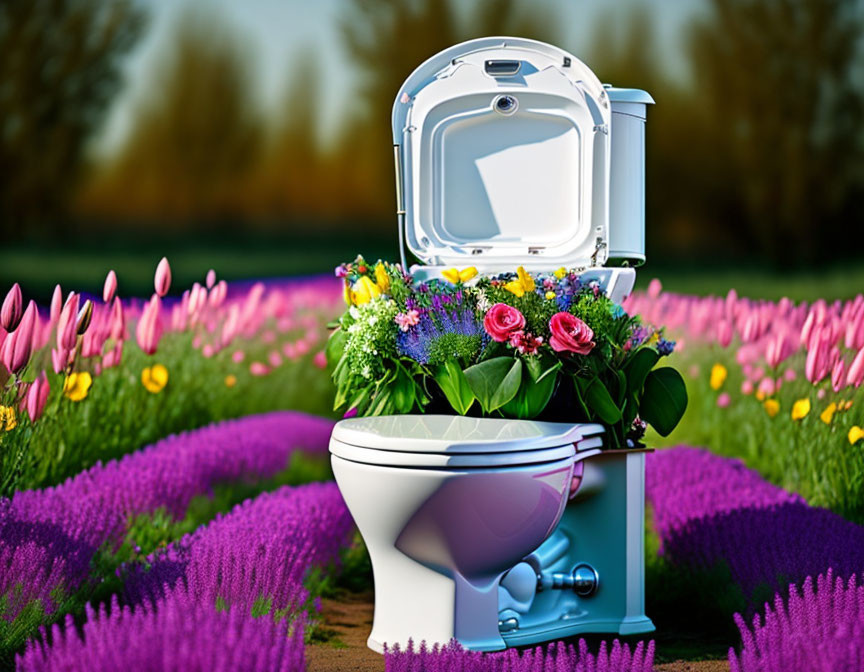 Colorful Flowers in Open-Lid Toilet Surrounded by Vibrant Garden