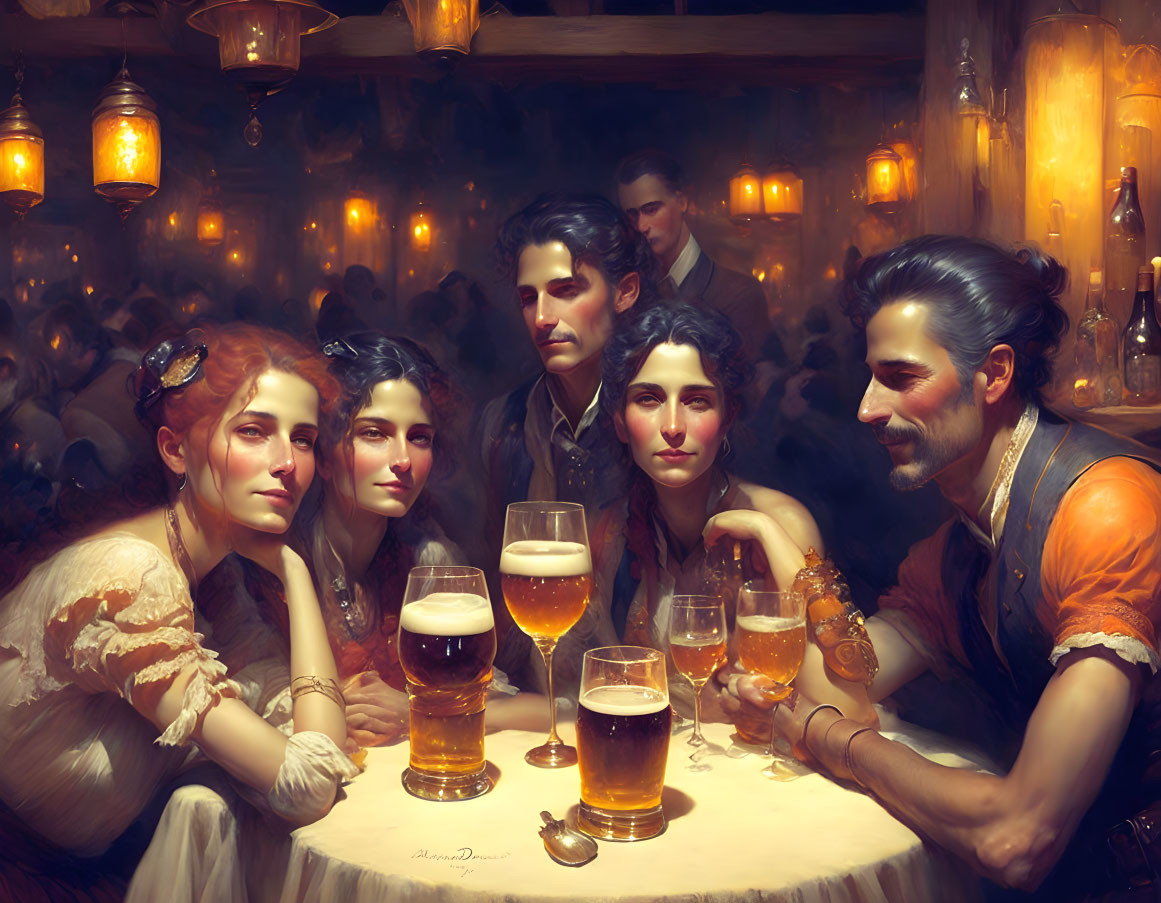 Five people in vintage clothing enjoy drinks in a bustling tavern.