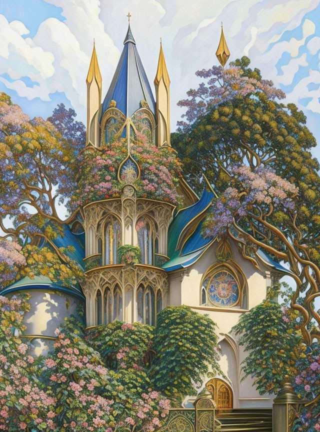 Fantasy castle illustration with soaring spires and blooming trees